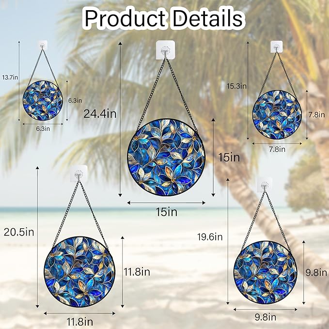 Stained Glass Window Hanging - Blue Gold Abstract Flowers Suncatcher for Door Terrace Garden Home Decor, Plant Sun Catcher Birthday Gifts for Lovers Women Men Dad Mom Nana 15 in