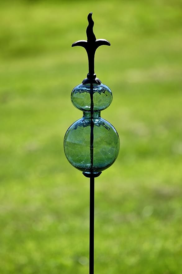 Zaer Ltd. Colored Blown Glass Garden Stake with Cast Iron Finial on Top (Pack of 2) (Dark Blue/Gray)