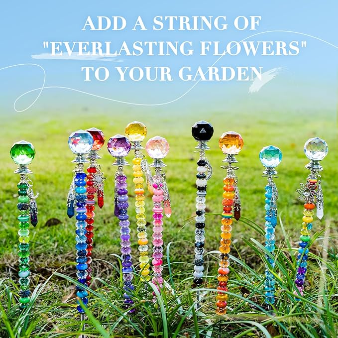 DIY Beaded Garden Stakes, Fairy Wand Garden Stake Decorative Kit with Healing Crystal Pendant, Sun Wheel Accessories,12 in Rod, Crystal Top, Large Holes Bead for Holidays Outdoor&Indoor Decorative