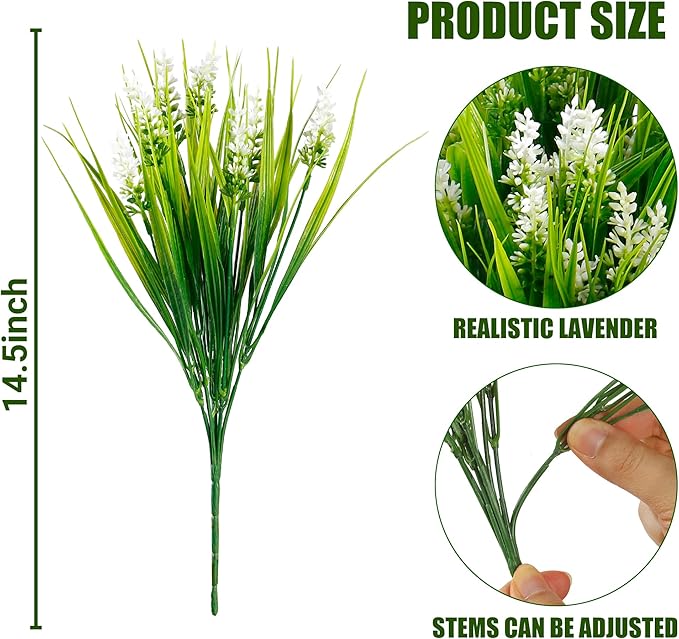 Sggvecsy 12 Bundles Artificial Plants Outdoor Faux Lavender Flowers Fake Monkey Grass UV Resistant Plastic Greenery Plants for Garden Home Porch Window Patio Hanging Planter Indoor Decor (White)
