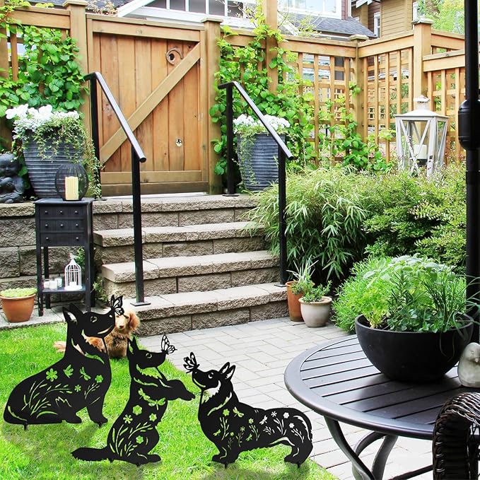 3 Pcs Metal Dog Garden Decor for Outside 12" Puppy Garden Stake Black Silhouette Statues Outdoor Decoration for Animal Lovers Gifts Women Men Patio Lawn Lawn Yard Art(Corgi)