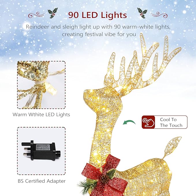 VINGLI Lighted Christmas Reindeer Outdoor Decorations, 4 FT Gold Reindeer with Santa’s Sleigh, Pre-lit 90 LED Lights, Weatherproof Christmas Yard Lawn Porch Decor with Stakes & Zip Ties