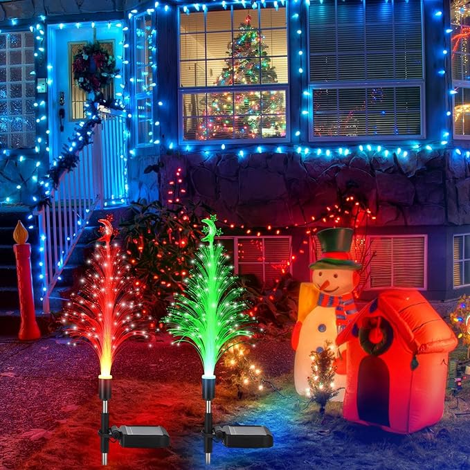 Baquler 2 Pcs Solar Christmas Tree Garden Stake Lights Outdoor Christmas Tree Lighted Yard Decorations Multicolor LED Solar Stakes for Pathway Lawn Patio Xmas Ornament (Moon Star)