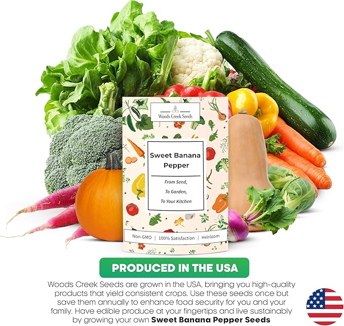 Woods Creek Seeds: Sweet Banana Pepper Seeds for Planting - Non-GMO Yellow Peppers, Mild and Crisp - Heirloom Sweet Pepper Seeds for Planting - High-Yield Seed Pack for Home Gardening