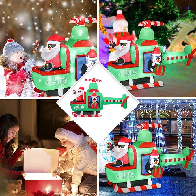 VCUTEKA Christmas Inflatables Outdoor Decorations, 6.5FT Santa Flying Animated Airplane with Penguin Blow Up Built-in LED Lights for Holiday Yard Garden Lawn Xmas Decor