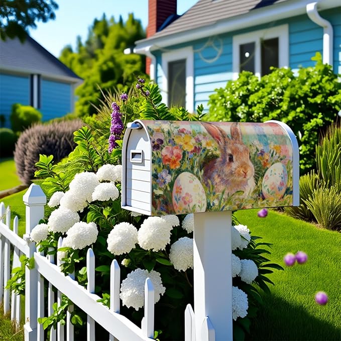 Easter Bunny Floral Mailbox Covers Magnetic Standard Size Pastel Plaid Rabbit Flower Egg Spring Holiday Theme Outdoor Seasonal Decorative Letter Box Cases for Home Garden Outside Decor, 21x18 Inch