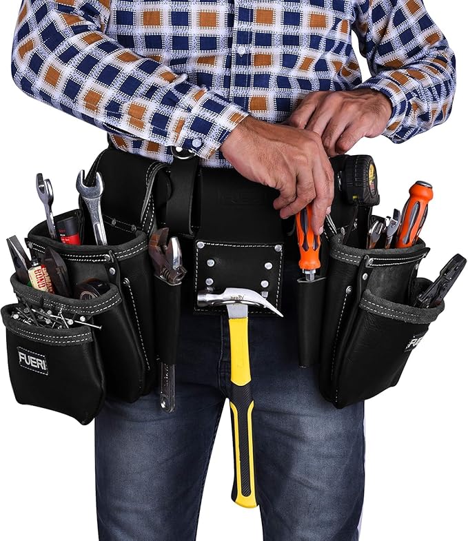 FUERI Leather Tool Belt 17 Pocket Pouches Bags Men Suspenders Holder Organizer for Carpenter Construction Electrician - Black