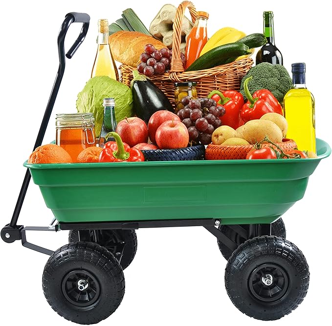 Red Metal Wheelbarrow, Easy Loading and Dumping Garden Cart with Steel Tray, Durable Heavy Duty Utility Trolley for Transporting, Soil, Sand (Green, 4 Wheels-75L)
