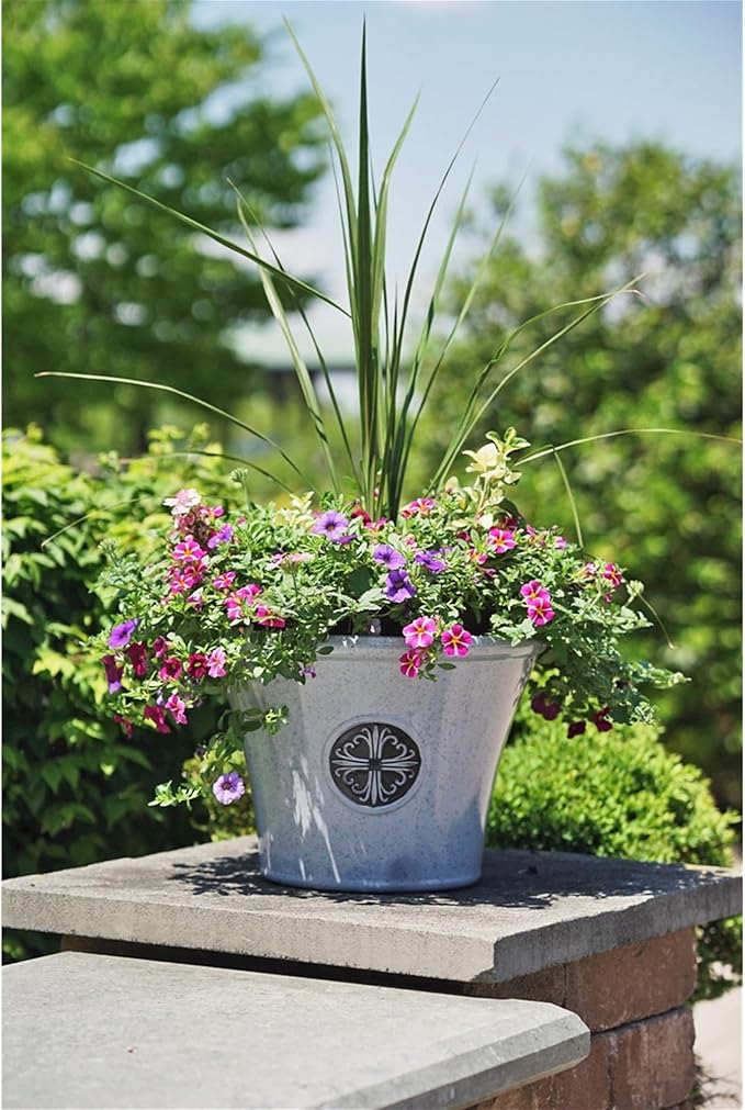 Garden Elements Round Plastic Logo Modern Planter, Gray, Large 14.75"