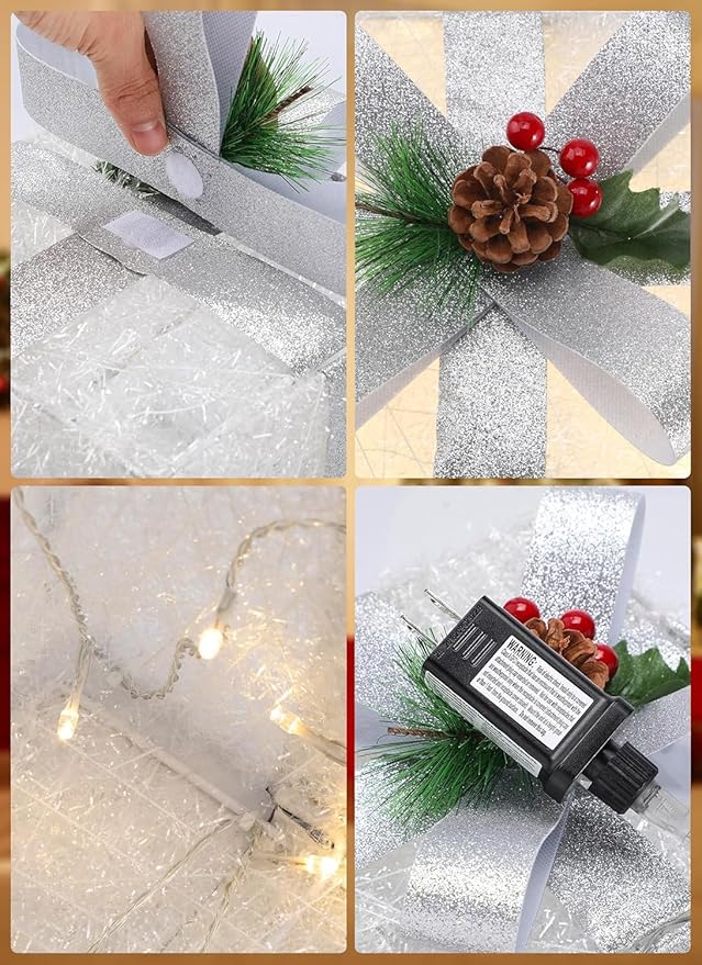 Brightown 3 Pieces Lighted Gift Boxes Outdoor Christmas Decorations, 12" 10" 8" with 60 Pre-Lit Mini String Lights,Foldable LED Boxes with Bows for Tree Indoor Outdoor Party Yard Home Decor