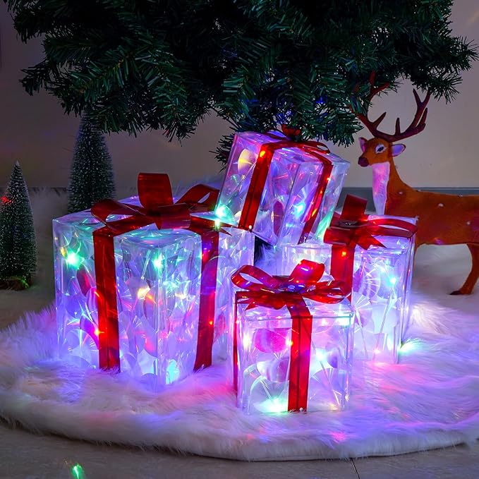 Christmas Lighted Gift Boxes, Pre-lit Lights Gift Boxes Set of 4, Light up Present Boxes Set Battery Operated with Different Sizes for Holiday Indoor Outdoor Decorations (Multi-Colored)