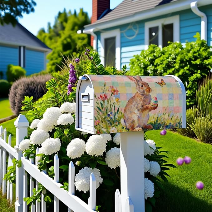 Spring Easter Plaid Mailbox Covers Magnetic Standard Size Bunny Rabbit Floral Flower Butterfly Holiday Outdoor Seasonal Decorative Letter Box Cases for Home Garden Outside Decor, 21x18 Inch