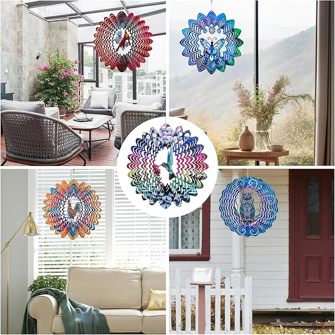 Owl Metal Wind Spinners Outdoor - 12 Inch Stainless Steel Hanging Wind Spinner for Yard Garden Art Decoration Surprising Gifts for Owl Lovers