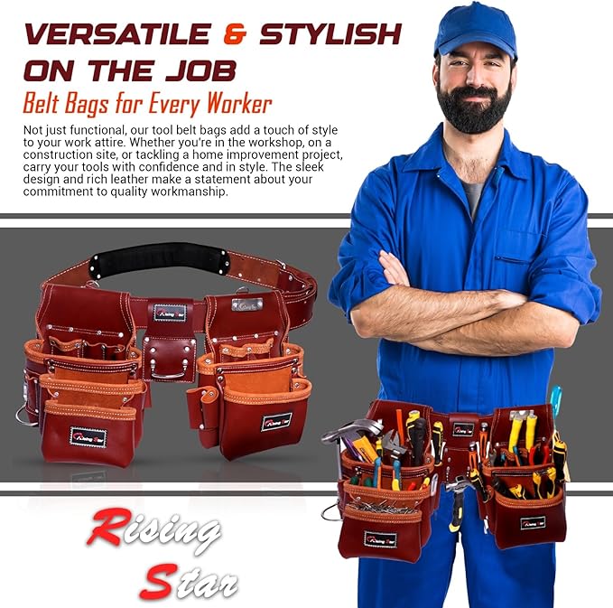 RISING STAR WEARS18 POCKETS MAROON CRAFTSMAN’S COMPANION: LEATHER TOOL BELT/BAGS/POUCHES WITH BACK SUPPORT FIELD WORKER