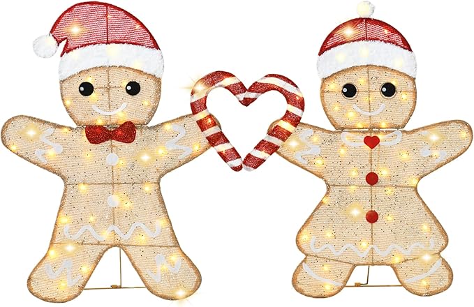 32"H Outdoor Gingerbread Lights, 2D Pre-lit Holiday Lawn Lights Christmas Decorations, 100 Warm White LEDs, Stake-Down Flat Xmas Yard Decor, Ground Decorations for Garden, Porch, Set of 2