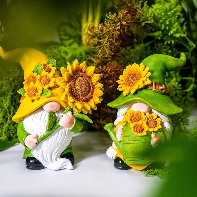 2PCS Sunflower Gnome Decor,Dynamic Spring Gnomes Decorations for Home and Yard Swedish Tomte Elf Dwarf Figurines Summer Outdoor Gnomes Gifts for Women (Sunflowers)