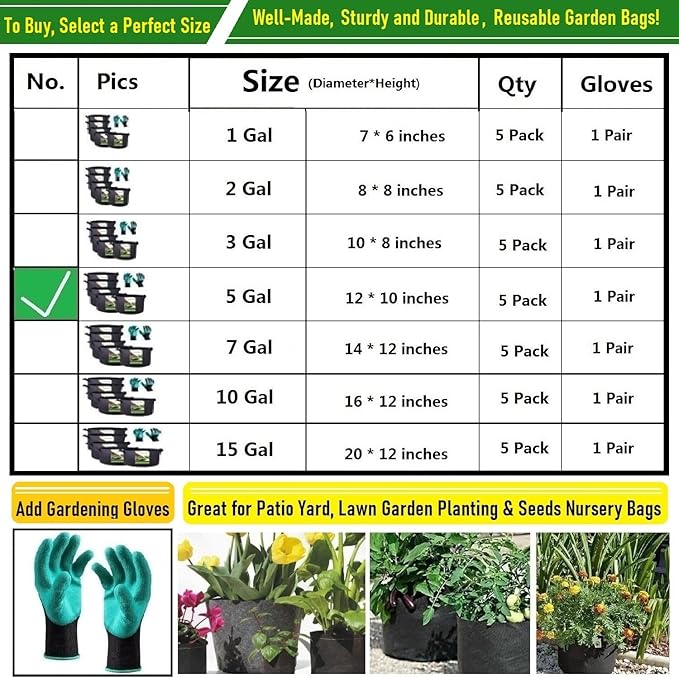 5-Pack 5 Gallon Thickened Plant Grow Bags (12x10 inch) Garden Bags Fabric Plant Pots for Flower Pot,Tomato Planters,Herbs Veggies,Potato Planter Bag,Garden Pot,Barrel Planter,Plant Container W/ Gloves
