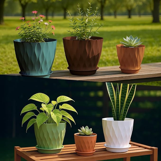 Plastic Plant Pots with Drainage Holes and Saucers, 8/7/6/5/4 Inches Garden Plant Flower Pots for Indoor Planter, 5 Pack Nursery Planting Pot for Indoor & Outdoor House Plants (Multicolor, 8/7/6/5/4)