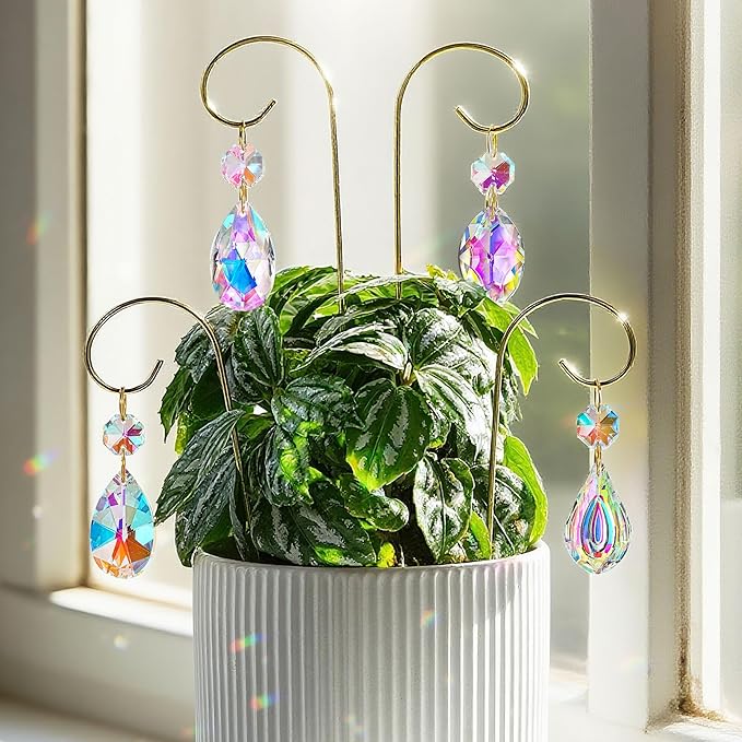 HDCRYSTALGIFTS 4PCS Small Trellis for Mini Potted Plants Indoor Decorations with Crystal Prisms Sun Catchers, 7.5inch Metal Plant Stakes Suncatchers for Fairy Garden Rainbow Crystals