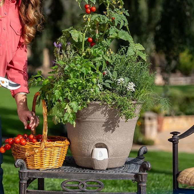 Bernini FirmaStone 15" Self-Watering Planters, Set of 2 – Durable Indoor/Outdoor Pots with Drainage Plug & Built-in Reservoir – Lightweight Garden Planters for Patio, Porch, Balcony (Light Brown)