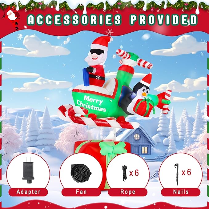 7FT Christmas Inflatables Decorations, Outdoor Santa Helicopter Decoration, Giant Blow Up with with Built-in LED Lights for Yard Garden Lawn Holiday Decor