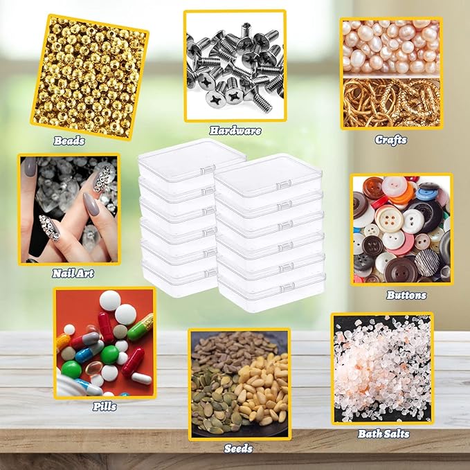 Goiio 12 Pcs Mini Plastic Storage Containers Box with Lid, 5x4x1.3 Inches Clear Rectangle Box for Collecting Small Items, Beads, Game Pieces, Business Cards, Crafts Accessories