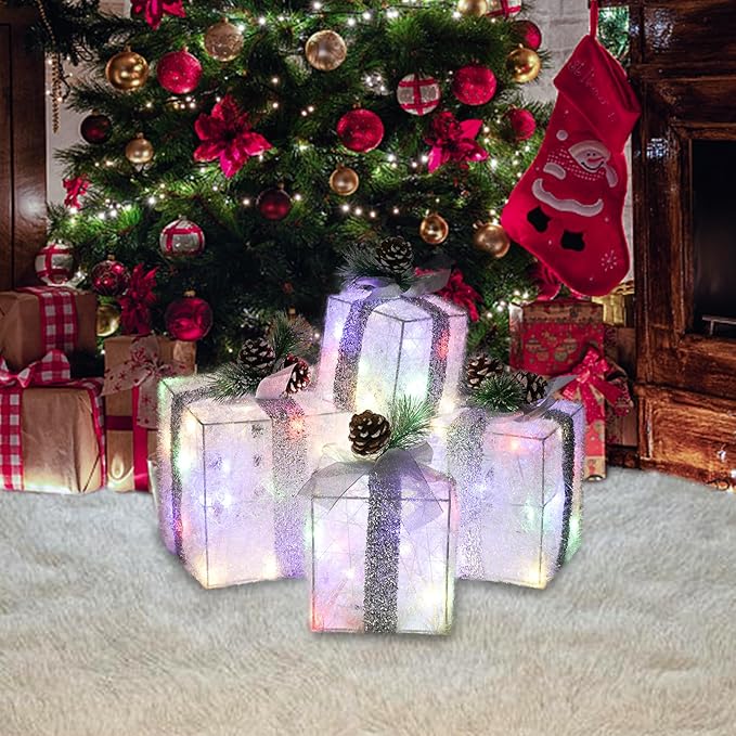Christmas Lighted Gift Boxes, Pre-lit Lights Gift Boxes Set of 4, Light up Present Boxes Set Battery Operated with Different Sizes for Holiday Indoor Outdoor Decorations(Multi-Colored)