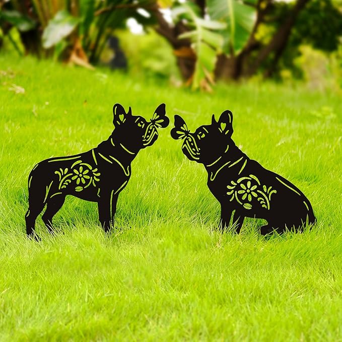 Bulldog Dog Metal Decor for Outside,Garden Stakes Decorative Dog Gifts for Women/Men,Black Silhouette Statues for Yard Ornaments,Lawn, Patio, Pathway,Outdoor Garden Decor
