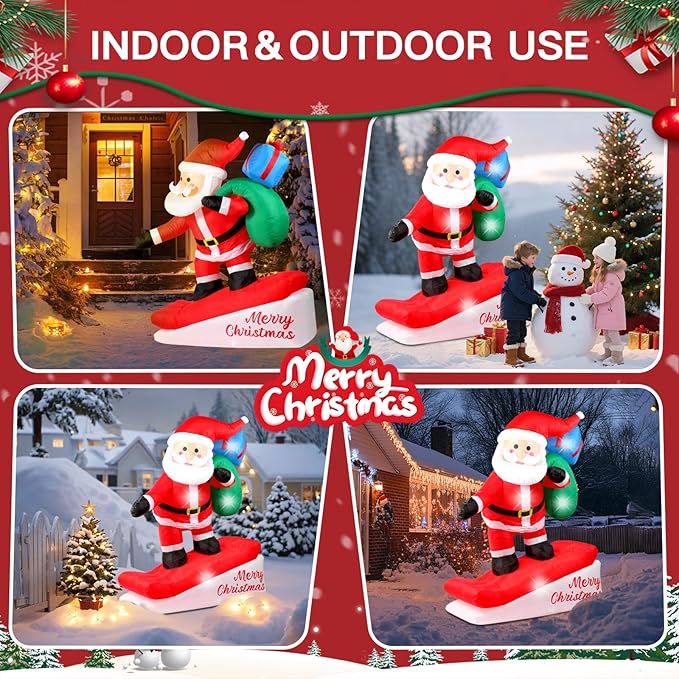 6FT Christmas Inflatables Decorations Outdoor,Blow Up Skiing Santa Claus with Built-in LEDs Lights for Indoor Holiday Party Yard Garden Lawn Décor