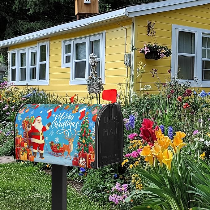 Merry Christmas Mailbox Covers Magnetic Father Christmas Mailbox Cover Santa Claus Mail Box Wraps Magnetic Standard Size 21x18 inch for Outside Garden Yard Xmas Tree