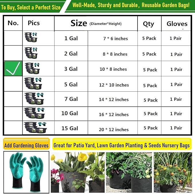 5-Pack 3 Gallon Thickened Plant Grow Bags (10x8 inch) Gardening Bags Fabric Plant Pots for Garden Pots,Flower Pot,Plant Nursery Bag,Herbs Veggies Planter Bag,Barrel Planter,Garden Container W/ Gloves