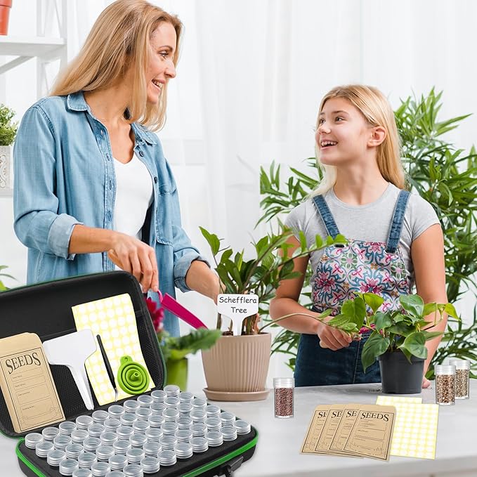57 Slots Seed Storage Organizer Box with 0.6 oz 1.5 oz Garden Seed Containers, Label Stickers, Plant Label, Envelopes, Zipper Closure Seed Holder Organizer Kit for Vegetable/Flower/Plants Seed Saving