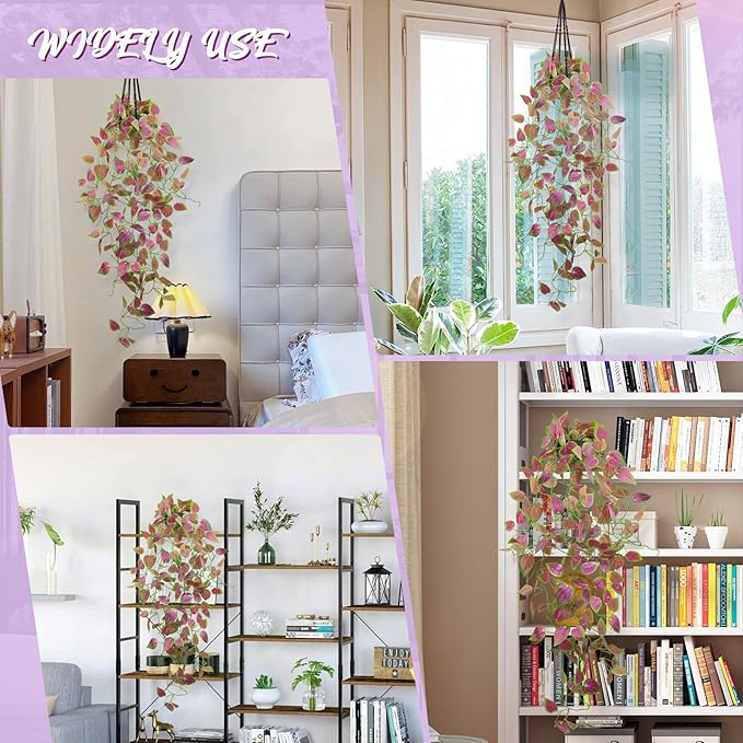LOYWREE 2 Pack Artificial Purple Ivy Hanging Vine Plants - Small Potted Long Trailing Cascading Foliage, Gothic Home Decor for Indoor/Outdoor, Office, Garden & Shelf (Black Pot Included)