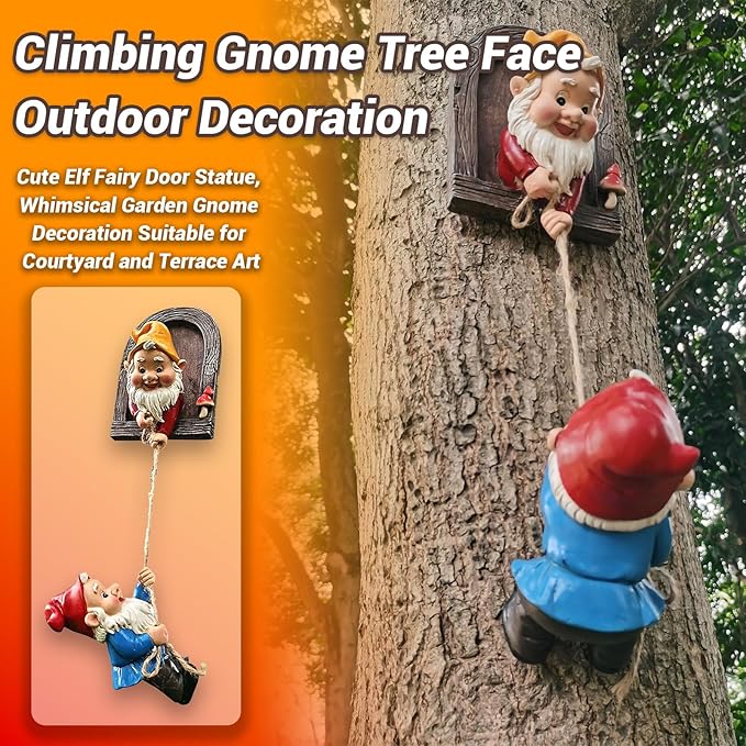 Climbing Gnome Tree Face Outdoor Decor,Adorable Elf Fairy Door Statue, Whimsical Garden Gnomes Decorations for Yard and Patio Art