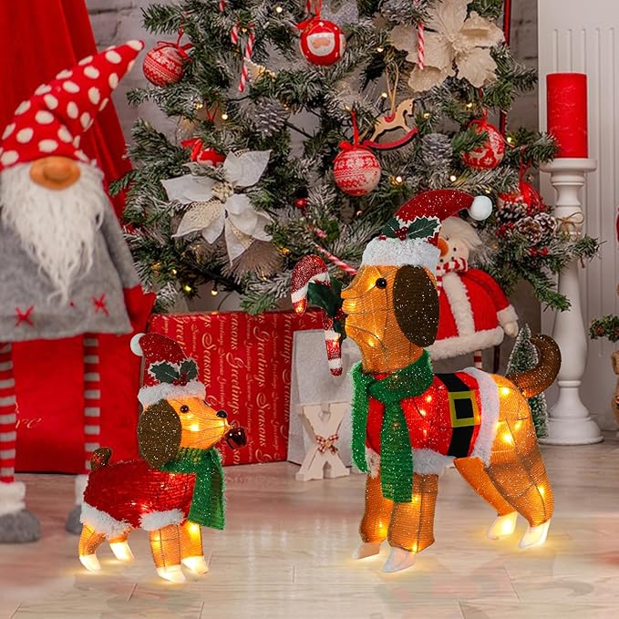 Christmas Decorations Outside Non-Collapsible Lights Christmas 2PCS Dogs Lighted with LED Warm Lights for Yard Lawn Porch Garden Living Room Bedroom Indoor Outdoor
