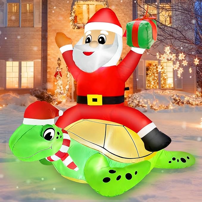 AMENON 5 FT by 4 FT Christmas Inflatables Santa Claus Ride on Sea Turtle Christmas Blow Up Yard Decorations Christmas Decorations Outdoor Built-in LEDs Xmas Decor Party Outside Holiday Lawn Garden