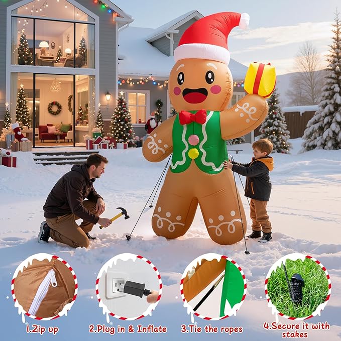 Christmas Inflatables Outdoor Decorations, 8 FT Gingerbread Large Blow Up Yard Decor with 3 LED Lights, Christmas Home Decor Party, Yard, Garden, Lawn Winter Decorations Ornaments