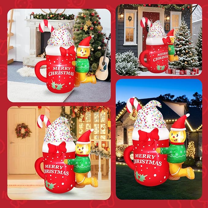 5FT Inflatable Gingerbread Men Christmas Decoration Blow Up Elf with Ice Cream Merry Christmas Printed Decor for Holiday, Party, Winter Festive Ornaments Indoors Outdoors Lawn, Yard, Garden