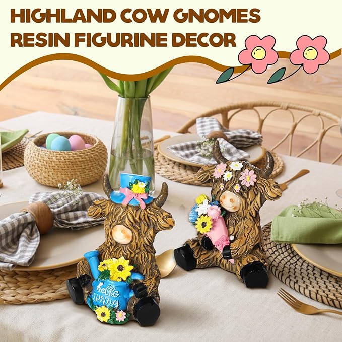 2 Pack Spring Highland Cow Resin Figurine Spring Bathroom Highland Cow Gnomes with Flower Starfish Resin Statue for Garden Table Shelf Home Decor Calf Gnome Herd Gifts