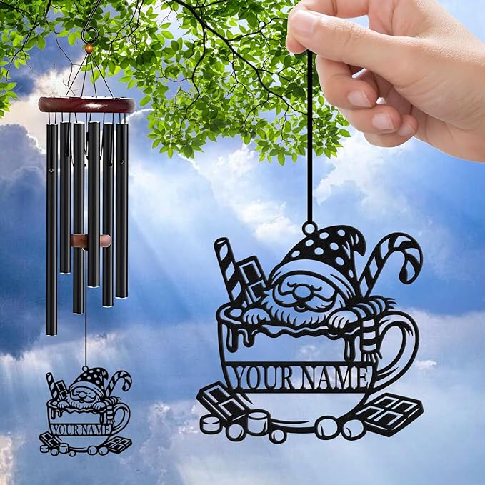 Personalized Customize Name Gnome Wind Chime, Metal Iron 37 Inch Outdoor Memorial Gift for Garden Yard Patio Home Decor, Black,Christmas (Style D)