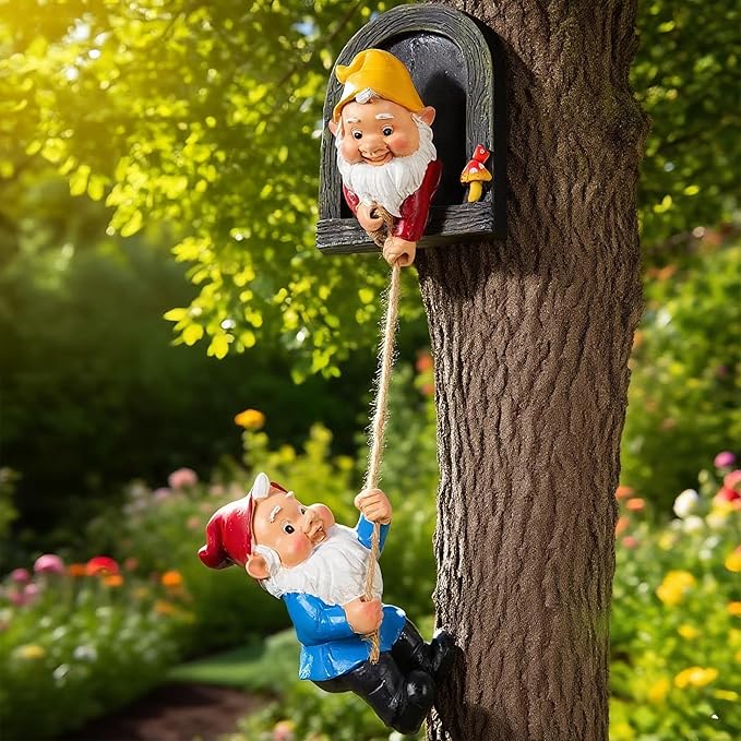 Teaeeno Gnome Garden Decoration Climbing Tree Decor Outdoor, Fairy Door Tree Face Figurine Lawn Patio Decor, Funny Climbing Elves Tree Peeker Sculpture Yard Art