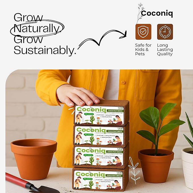 Coco Coir Block 4 Blocks (40 Pounds) - Large Compressed Coconut Fiber Brick for Potting, Gardening, Planting, Seed Starting, Indoor & Outdoor Plants