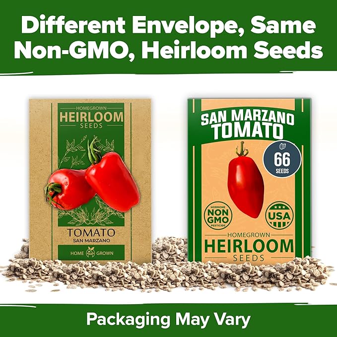 HOME GROWN San Marzano Tomato Seeds – 66 Heirloom Seeds Non GMO – High Germination Tomatoes for Indoor & Outdoor Growing – Classic Paste Variety for Gardeners & Home Use