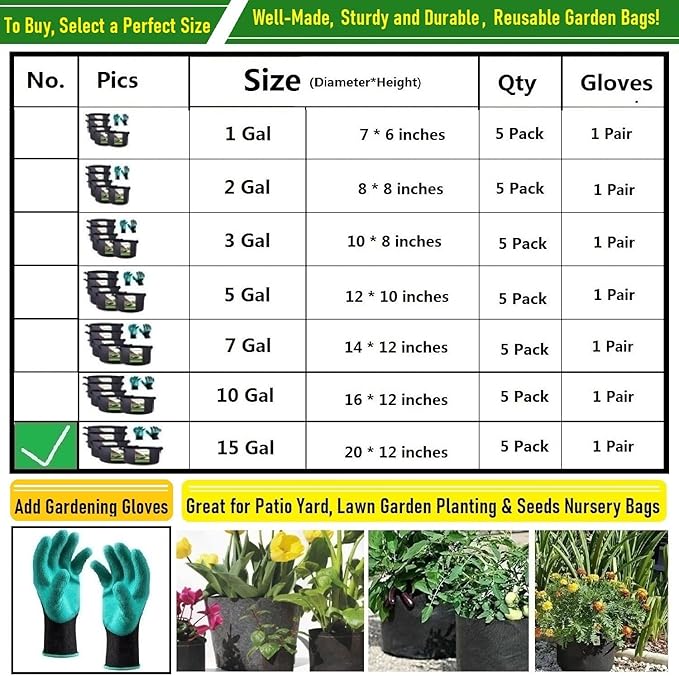 5-Pack 15 Gallon Thickened Plant Grow Bags (20x12 inch) Garden Bag Fabric Plant Pots for Potato,Tomato Planters,Herbs Veggies Planter Bag,Garden Pot,Flower Pot,Barrel Planter,Plant Container W/ Gloves