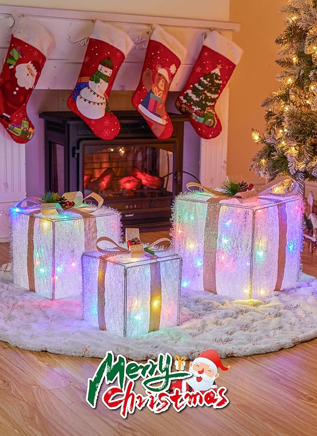 Set of 3 Christmas Decorations Lighted Gift Boxes with Bows,12" 10" 8" with 60 Pre-Lit Mini String Lights,Foldable LED Xmas Present Boxes for Tree Indoor Outdoor Holiday Party Yard Home Decor