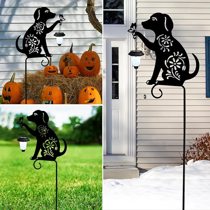 Dog Solar Lights Outdoor Garden Decoration, Dog Garden Statues, Outdoor Metal Decorative Garden Stakes with Solar Lantern for Lawn Yard Pathway Patio Gardening Gifts