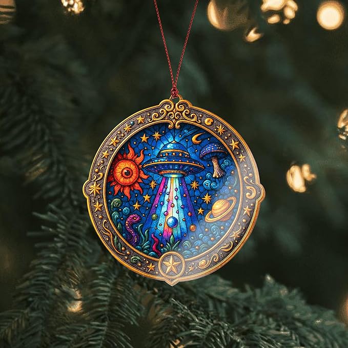 Alien Ornament – UFO Decor | Galaxy Ornament + Sci Fi Keepsake – Space Lover Gift – Alien Christmas Ornament – Suncatcher Effect Stained Glass Window Hanging – Car Hanging Decoration