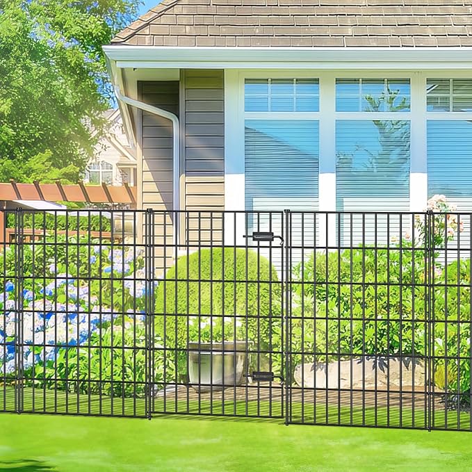 Metal Garden Fence with Gate 40in (H) x 23.3ft (L), 1 Gate + 9 Panels Dog Fence Border Fence Animal Barrier, No Dig Garden Fencing for Yard Flower Bed Lawn Patio Outdoor, PIN402810G Black