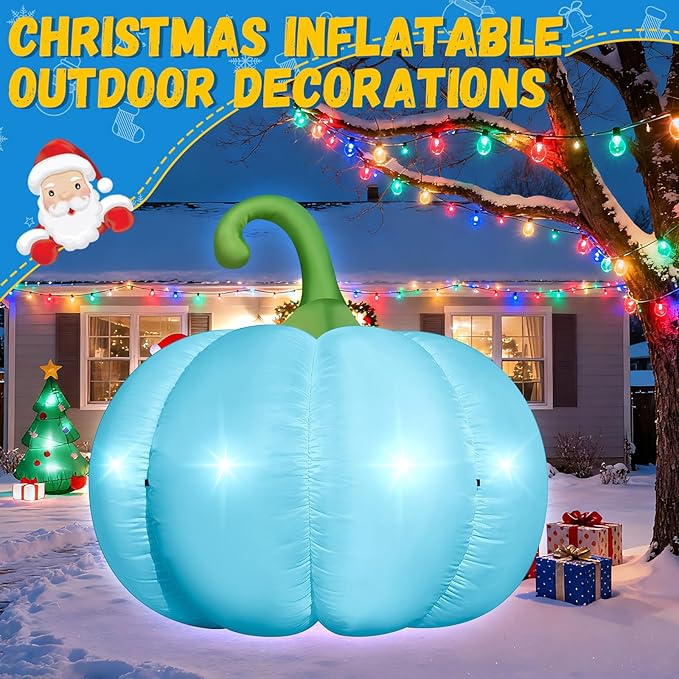 4.6FT Christmas Inflatable Pumpkin Blow-up Blue Pumpkin Build-in 4 LED Lights for Blue Christmas Outdoor Decorations Giant Inflatable Fake Pumpkins for Winter Xmas Party Decor Yard Garden Lawn