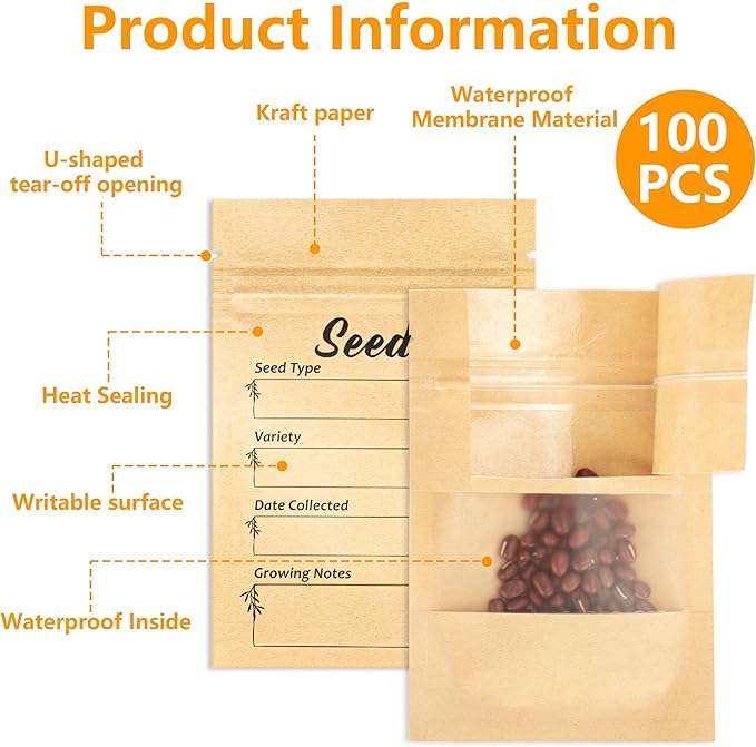 100pcs Seed Envelopes Resealable with Clear Window Kraft Paper Packets for Garden Flower Vegetable Plants Storage and Organizer 4.7 X 3.15inch